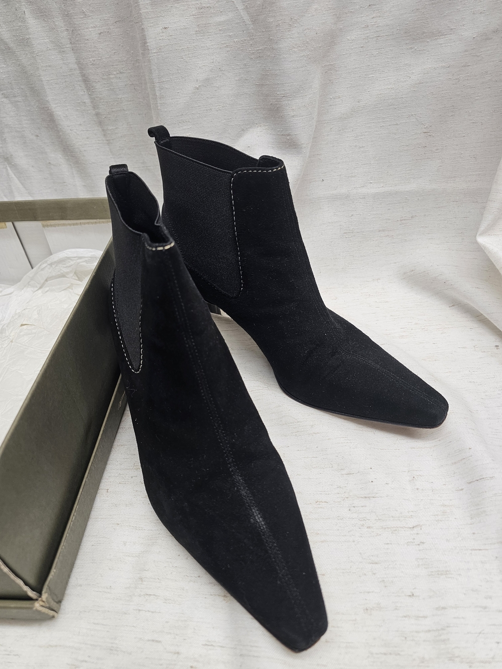 Cole Haan Black Suede Pointed Toe Ankle Booties – Original Box